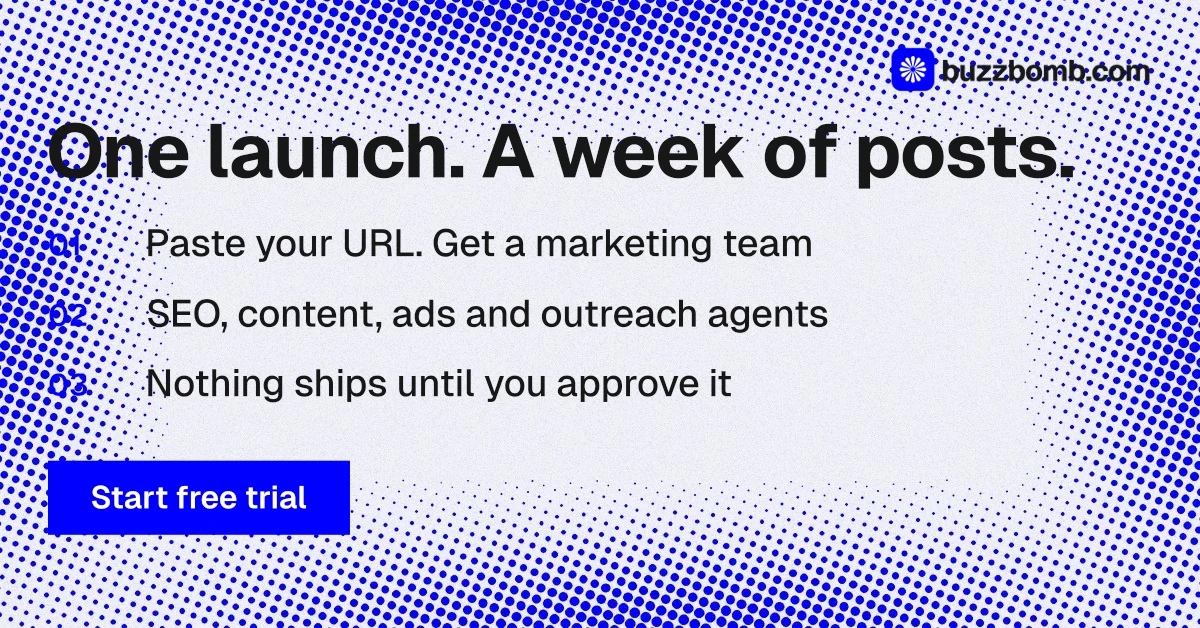 Social ad for BuzzBomb: "One launch. A week of posts." Swiss style, numbered layout, light palette in blue, white.
