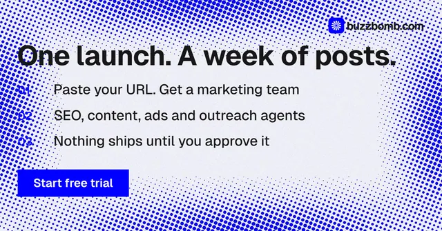 Social ad for BuzzBomb: "One launch. A week of posts." Swiss style, numbered layout, light palette in blue, white.