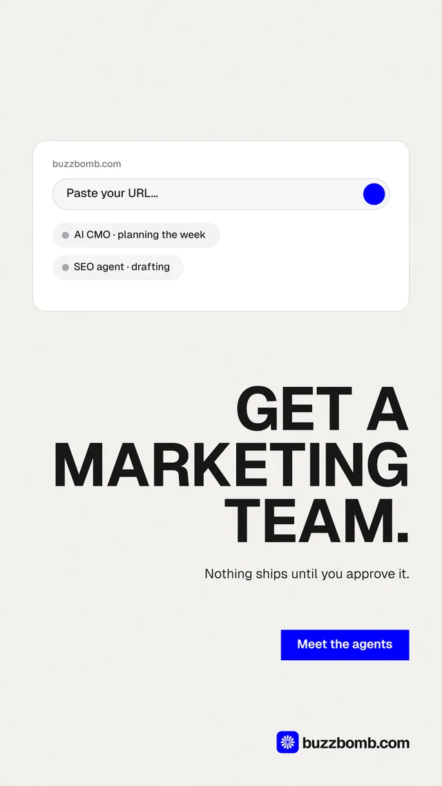 Instagram story for BuzzBomb: "Get a marketing team." Swiss style, right layout, light palette in white, grey.