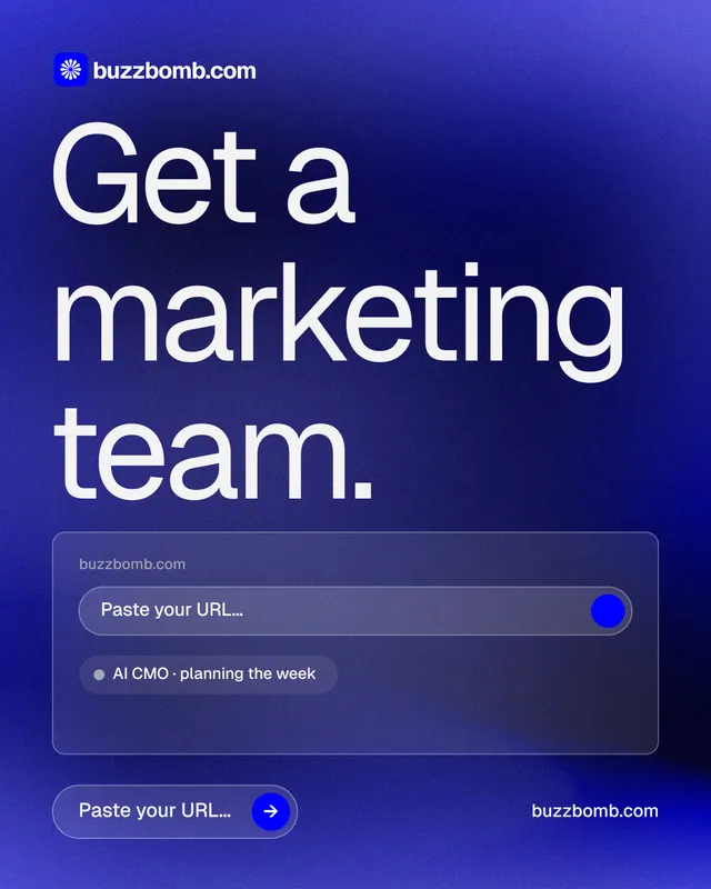 Instagram portrait post for BuzzBomb: "Get a marketing team." Agentic glass style, poster layout, dark palette in blue.