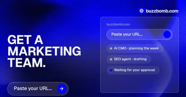 Social ad for BuzzBomb: "Get a marketing team." Agentic glass style, bottom layout, dark palette in blue.