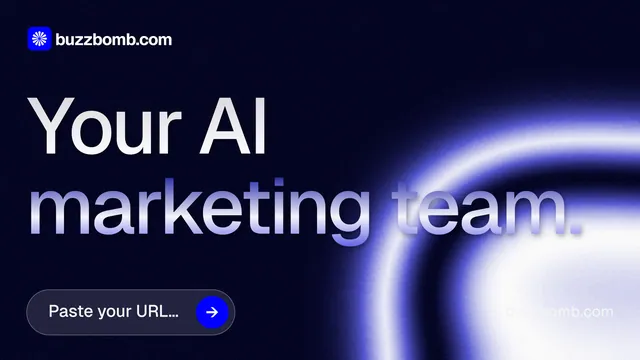 Landscape graphic for BuzzBomb: "Your AI marketing team." Agentic glass style, poster layout, dark palette in black, blue.