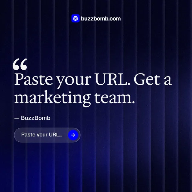 Instagram post for BuzzBomb: "Paste your URL." Agentic glass style, quote layout, dark palette in black, blue.