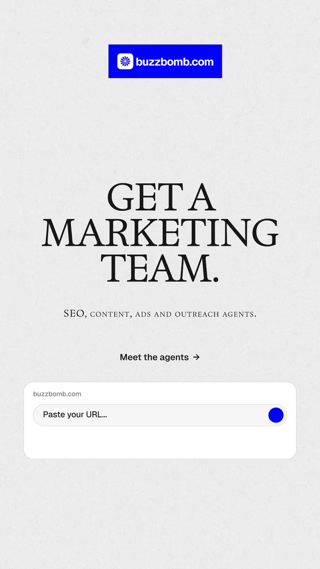 Instagram story for BuzzBomb: "Get a marketing team." Swiss style, smallcaps layout, light palette in white, blue.