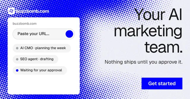 Social ad for BuzzBomb: "Your AI marketing team." Swiss style, right layout, light palette in white, blue.