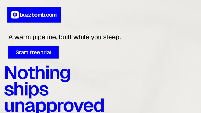 Landscape graphic for BuzzBomb: "Get a marketing team." Swiss style, oversized layout, light palette in white, blue.