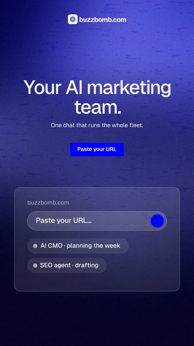 Instagram story for BuzzBomb: "Your AI marketing team." Swiss style, centred layout, dark palette in blue.