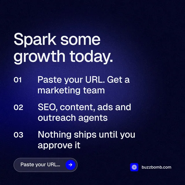 Instagram post for BuzzBomb: "Spark some growth today." Agentic glass style, numbered layout, dark palette in blue, black.