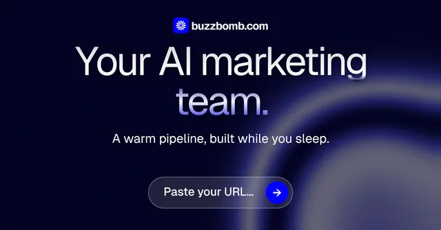 Social ad for BuzzBomb: "Your AI marketing team." Agentic glass style, centred layout, dark palette in black, grey, blue.