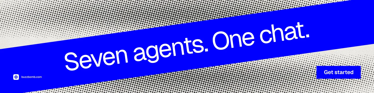 LinkedIn banner for BuzzBomb: "Seven agents. One chat." Swiss style, diagonal layout, dark palette in blue, grey.