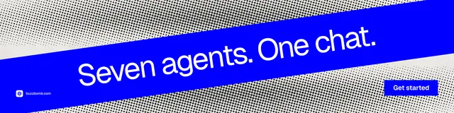 LinkedIn banner for BuzzBomb: "Seven agents. One chat." Swiss style, diagonal layout, dark palette in blue, grey.