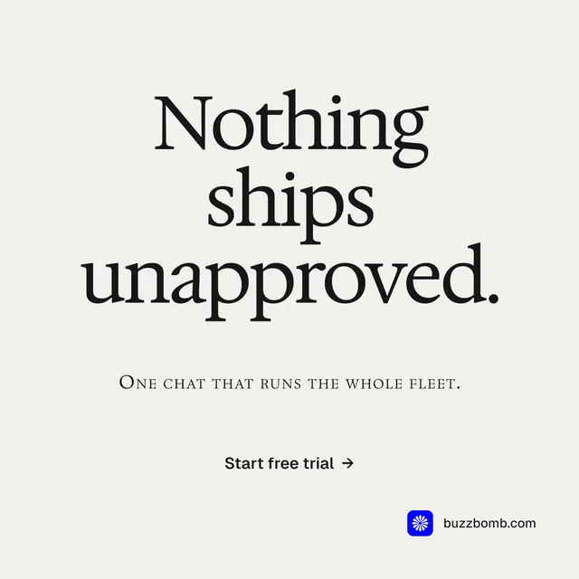 Instagram post for BuzzBomb: "Nothing ships unapproved." Swiss style, smallcaps layout, light palette in white.