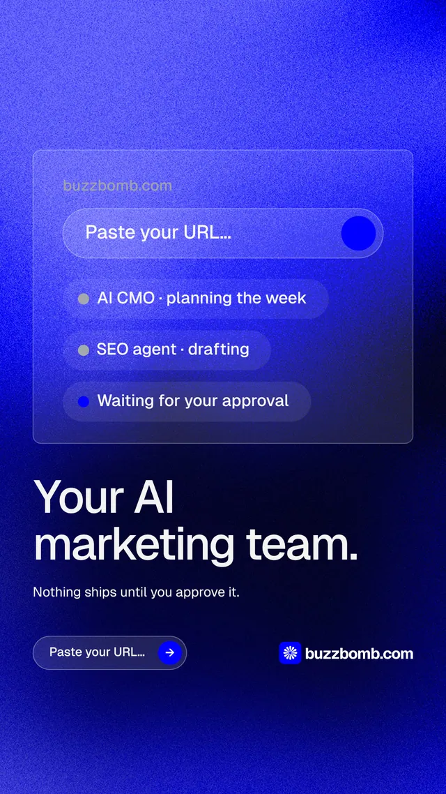 Instagram story for BuzzBomb: "Your AI marketing team." Agentic glass style, bottom layout, dark palette in blue.