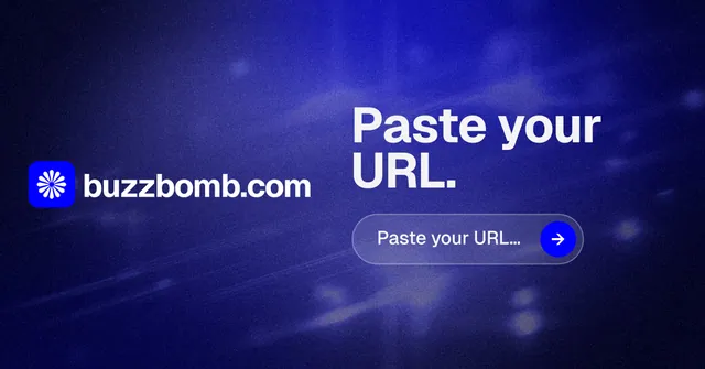 Social ad for BuzzBomb: "Paste your URL." Agentic glass style, logo hero layout, dark palette in blue.