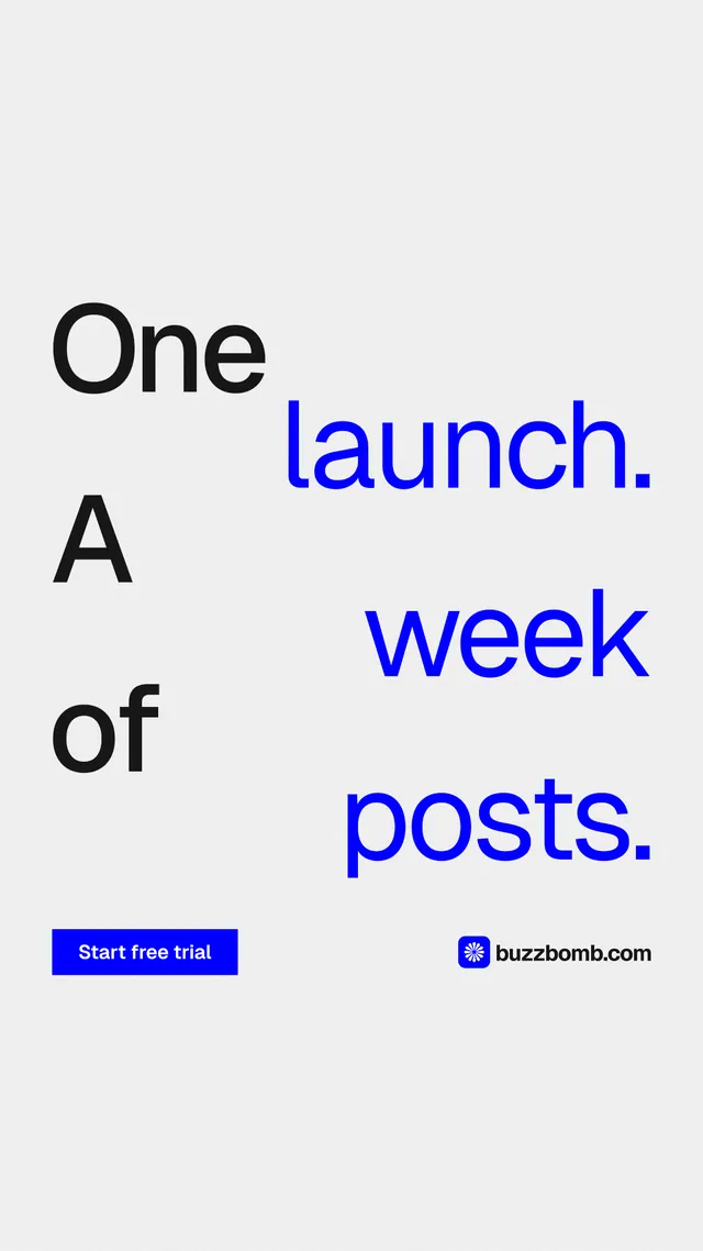 Instagram story for BuzzBomb: "One launch. A week of posts." Swiss style, stacked layout, light palette in white, blue.