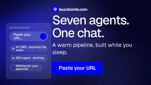 Landscape graphic for BuzzBomb: "Seven agents. One chat." Swiss style, skeleton layout, dark palette in blue, black.
