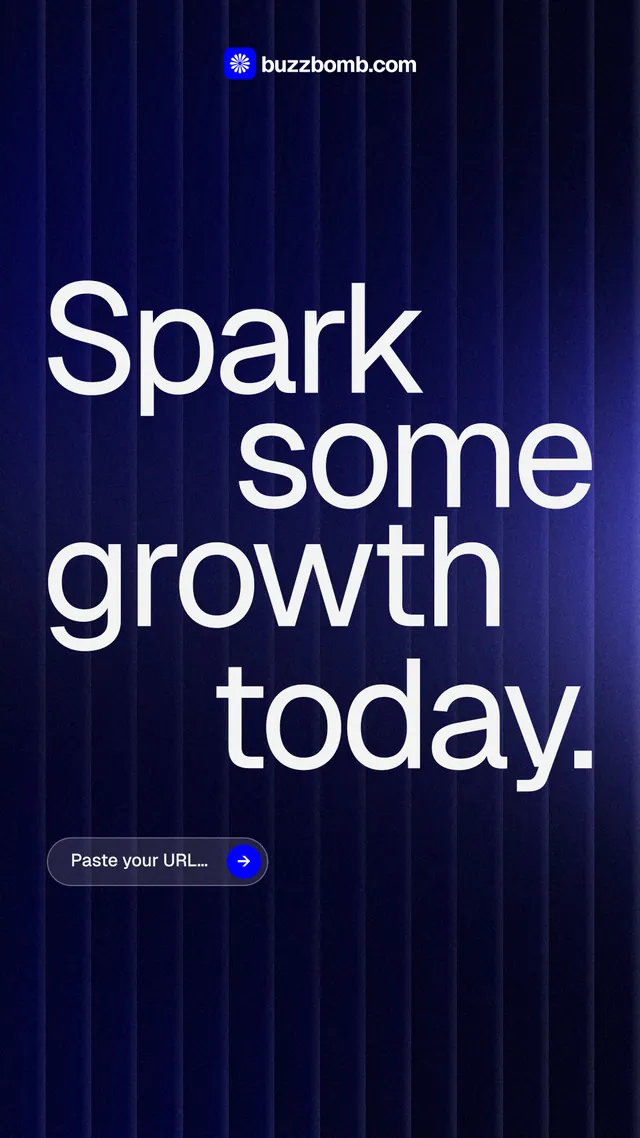 Instagram story for BuzzBomb: "Spark some growth today." Agentic glass style, stacked layout, dark palette in black, blue, grey.