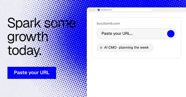Social ad for BuzzBomb: "Spark some growth today." Split block style, browser layout, light palette in white, blue.