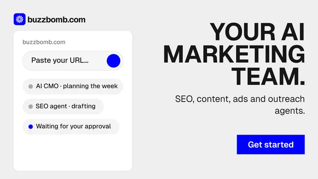 Landscape graphic for BuzzBomb: "Your AI marketing team." Swiss style, right layout, light palette in white, blue.