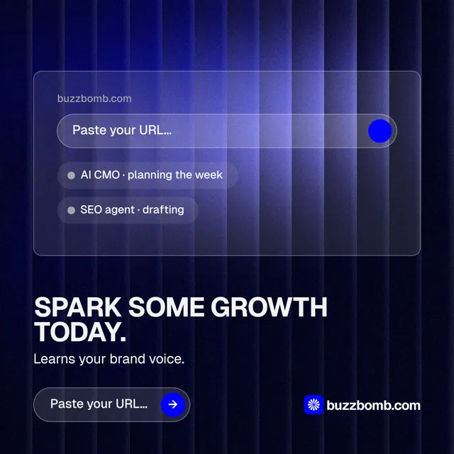 Instagram post for BuzzBomb: "Spark some growth today." Agentic glass style, bottom layout, dark palette in blue, black.