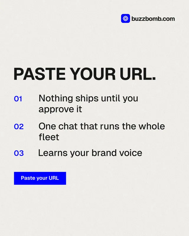 Instagram portrait post for BuzzBomb: "Paste your URL." Swiss style, numbered layout, light palette in white, grey.