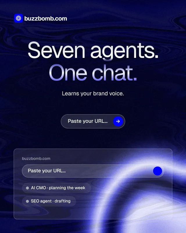 Instagram portrait post for BuzzBomb: "Seven agents. One chat." Agentic glass style, centred layout, dark palette in black, blue.