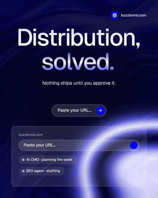 Instagram portrait post for BuzzBomb: "Distribution, solved." Agentic glass style, centred layout, dark palette in black, blue.