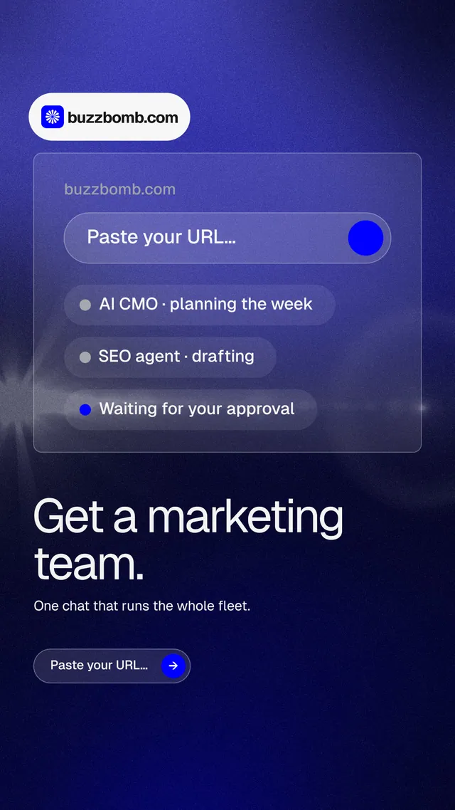 Instagram story for BuzzBomb: "Get a marketing team." Agentic glass style, bottom layout, dark palette in black, blue.