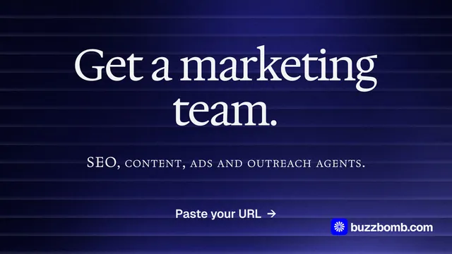 Landscape graphic for BuzzBomb: "Get a marketing team." Agentic glass style, smallcaps layout, dark palette in blue, black.