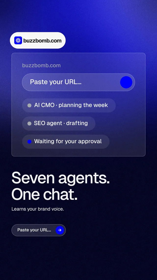 Instagram story for BuzzBomb: "Seven agents. One chat." Agentic glass style, bottom layout, dark palette in blue, black.