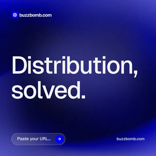 Instagram post for BuzzBomb: "Distribution, solved." Agentic glass style, poster layout, dark palette in blue.