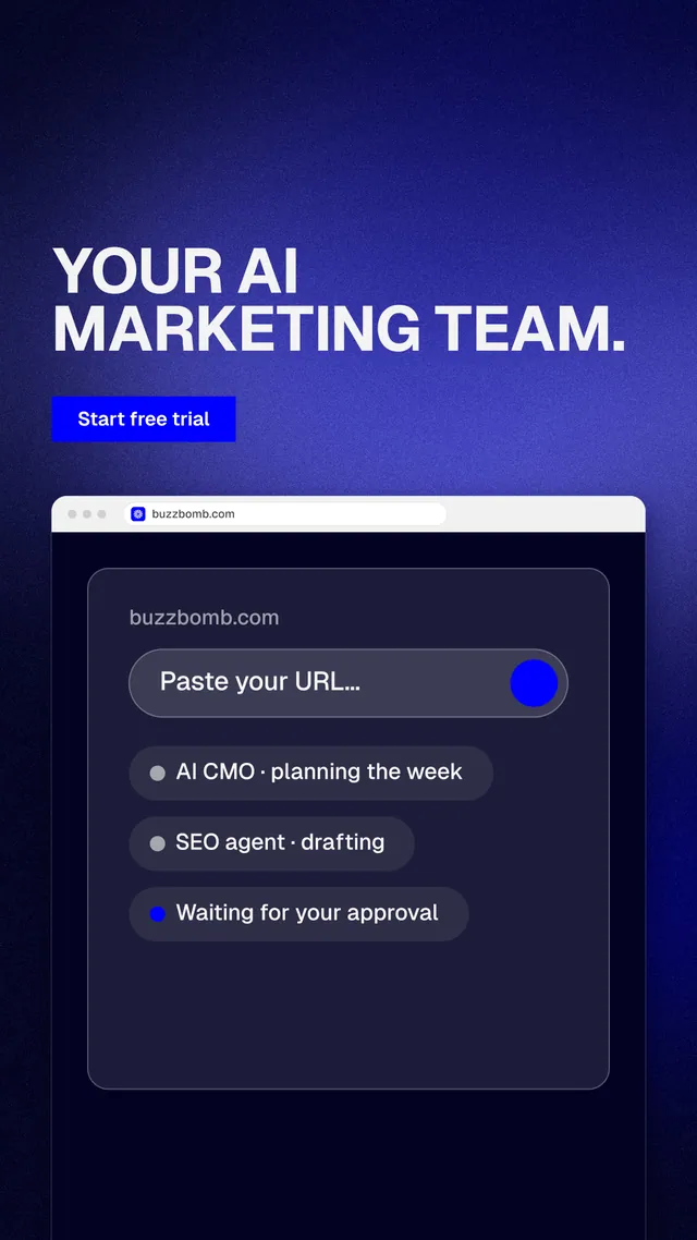Instagram story for BuzzBomb: "Your AI marketing team." Swiss style, browser layout, dark palette in blue, black.