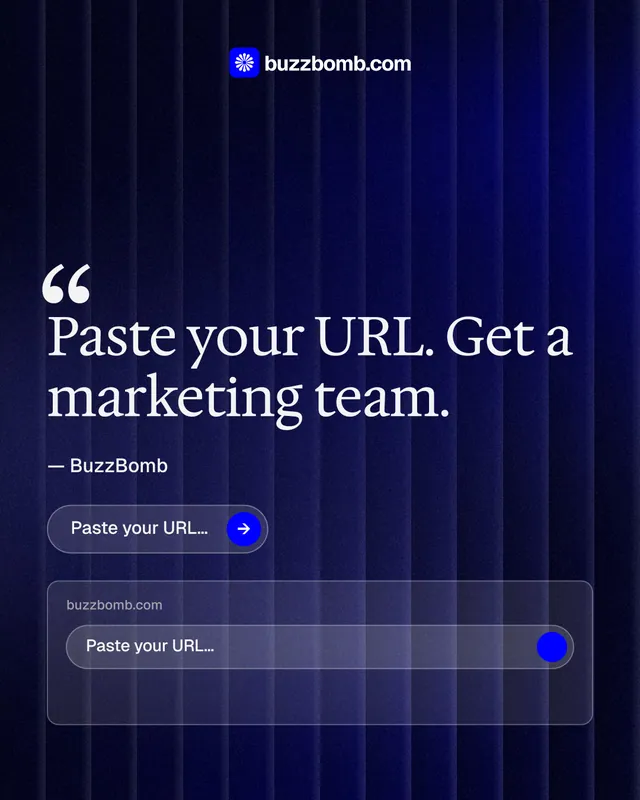 Instagram portrait post for BuzzBomb: "Get a marketing team." Agentic glass style, quote layout, dark palette in black, blue, grey.