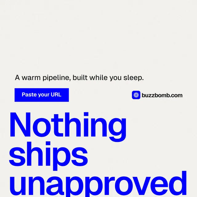 Instagram post for BuzzBomb: "Nothing ships unapproved." Swiss style, oversized layout, light palette in white, blue.