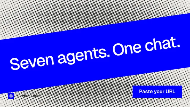 Landscape graphic for BuzzBomb: "Seven agents. One chat." Swiss style, diagonal layout, dark palette in blue, grey.