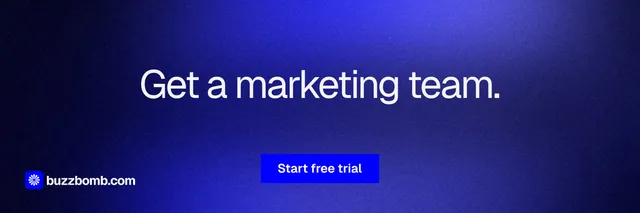 X header for BuzzBomb: "Get a marketing team." Swiss style, centred layout, dark palette in blue.