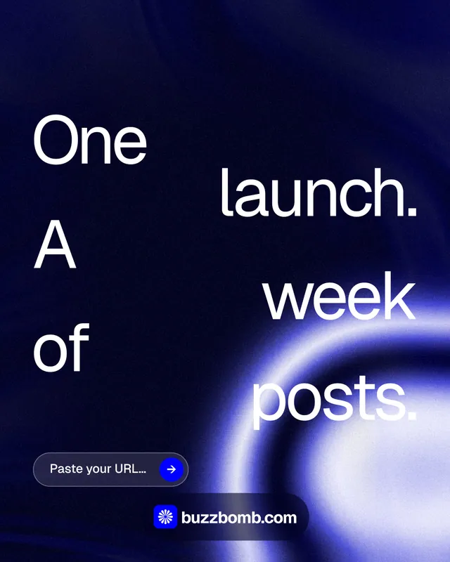 Instagram portrait post for BuzzBomb: "One launch. A week of posts." Agentic glass style, stacked layout, dark palette in black, blue.