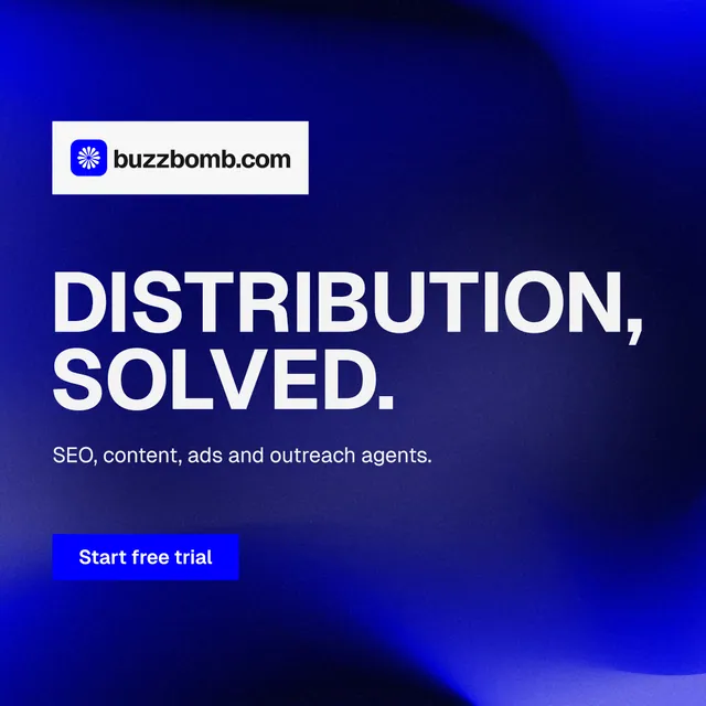 Instagram post for BuzzBomb: "Distribution, solved." Swiss style, announce layout, dark palette in blue.