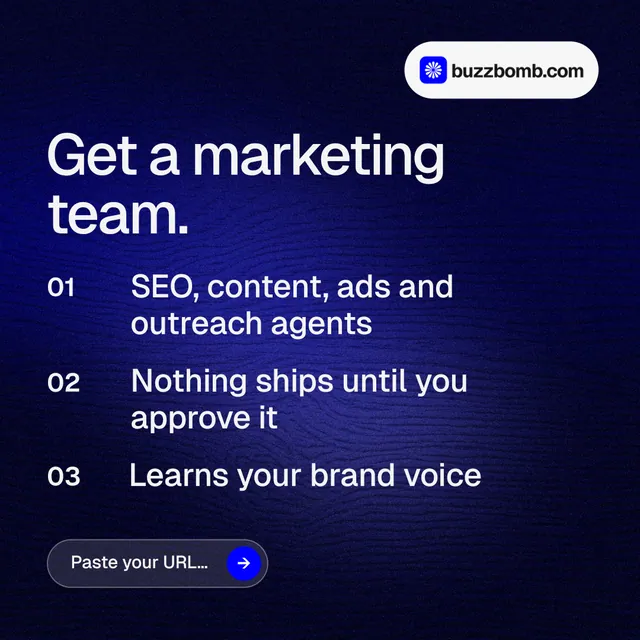 Instagram post for BuzzBomb: "Get a marketing team." Agentic glass style, numbered layout, dark palette in blue, black.