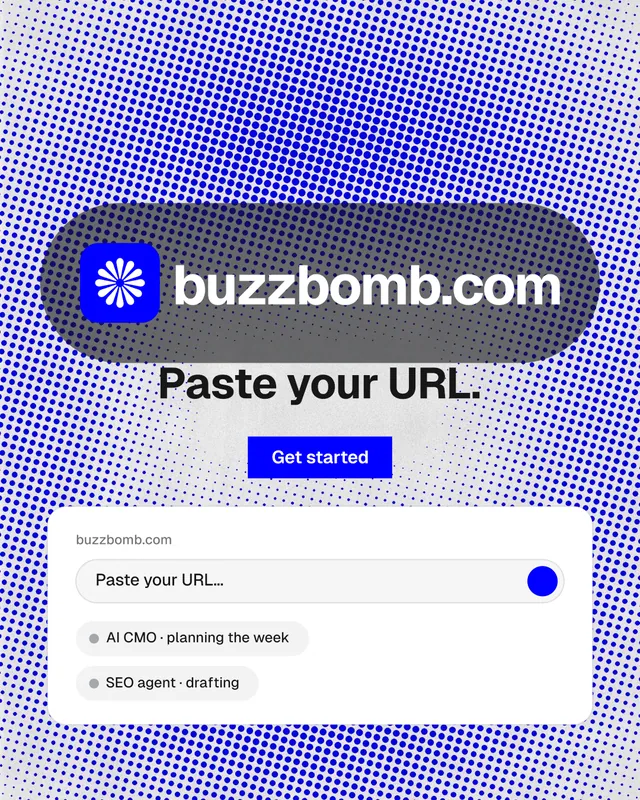 Instagram portrait post for BuzzBomb: "Paste your URL." Swiss style, logo hero layout, light palette in blue, white.