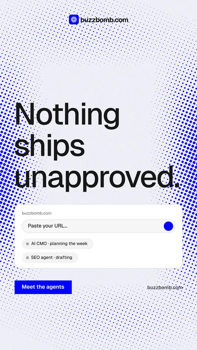Instagram story for BuzzBomb: "Nothing ships unapproved." Swiss style, poster layout, light palette in blue, white.