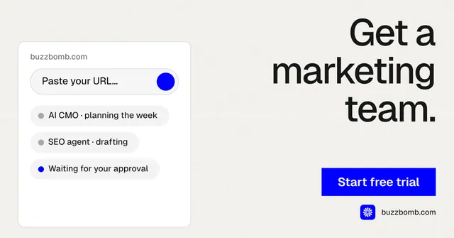 Social ad for BuzzBomb: "Get a marketing team." Swiss style, right layout, light palette in white, blue.