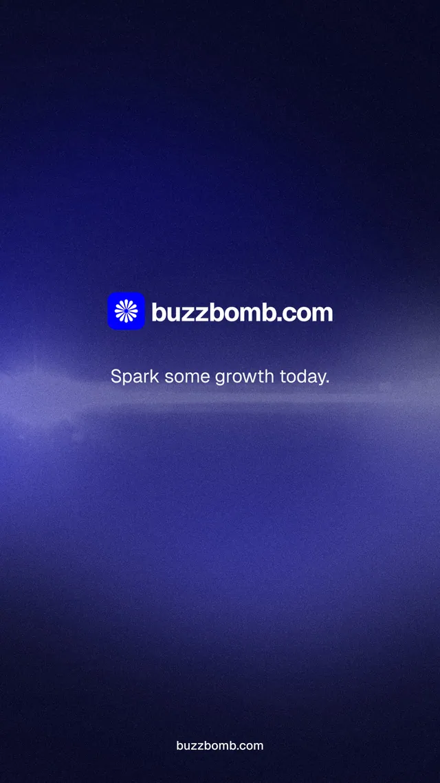 Instagram story for BuzzBomb: "Spark some growth today." Agentic glass style, end card layout, dark palette in black, blue.