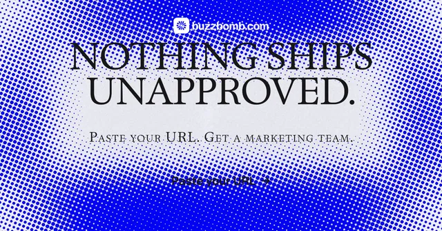 Social ad for BuzzBomb: "Nothing ships unapproved." Swiss style, smallcaps layout, light palette in blue.