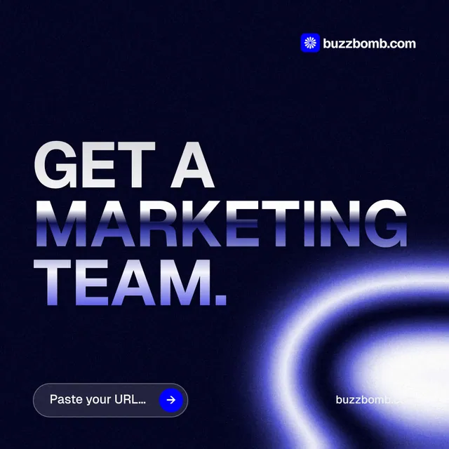 Instagram post for BuzzBomb: "Get a marketing team." Agentic glass style, poster layout, dark palette in black, blue.