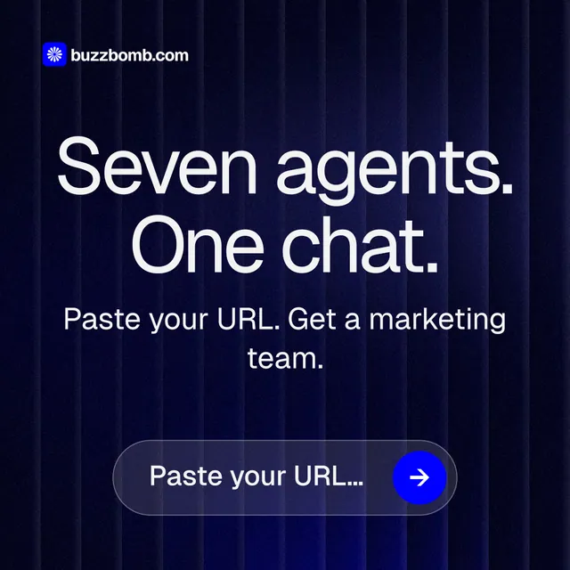 Instagram post for BuzzBomb: "Seven agents. One chat." Agentic glass style, skeleton layout, dark palette in black, blue, grey.