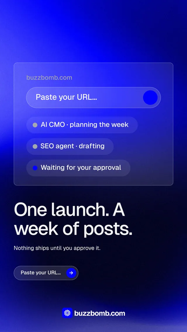 Instagram story for BuzzBomb: "One launch. A week of posts." Agentic glass style, bottom layout, dark palette in black, blue.