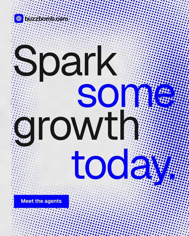 Instagram portrait post for BuzzBomb: "Spark some growth today." Swiss style, stacked layout, light palette in blue, white.