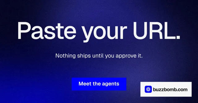 Social ad for BuzzBomb: "Paste your URL." Swiss style, centred layout, dark palette in blue, black.