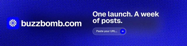 LinkedIn banner for BuzzBomb: "One launch. A week of posts." Agentic glass style, logo hero layout, dark palette in blue.